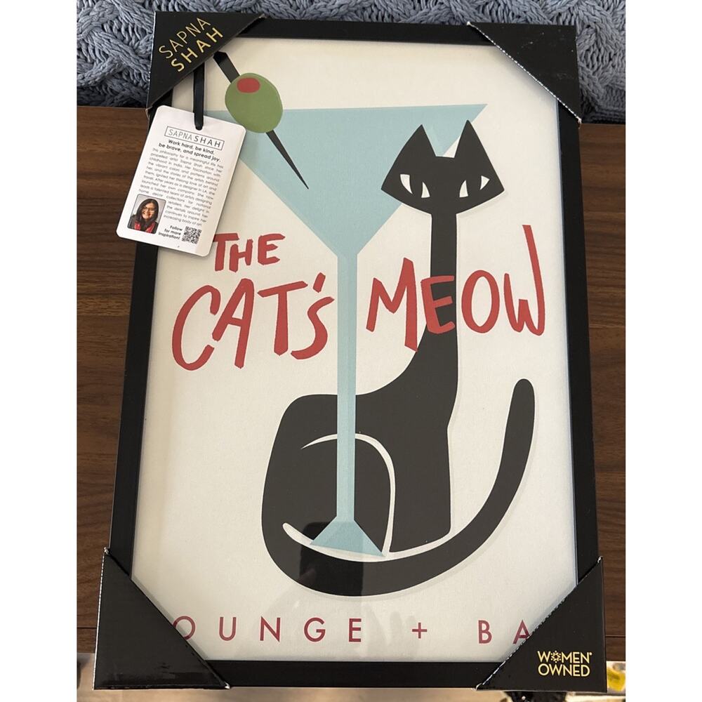 New Sapna Shah Framed Art The Cats Meow Lounge + Bar Martini Cat 12” x 18”